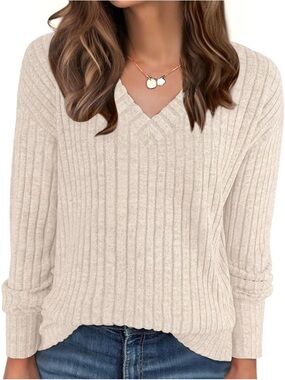 Everyday Ribbed V-Neck Sweater - Cream